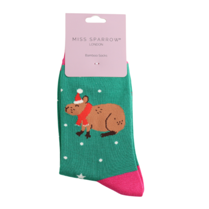 Christmas Capybara Green Bamboo Socks