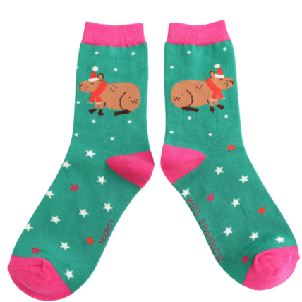 Christmas Capybara Green Bamboo Socks