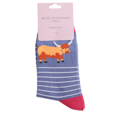 Highland Cow & Stripes Denim Bamboo Socks