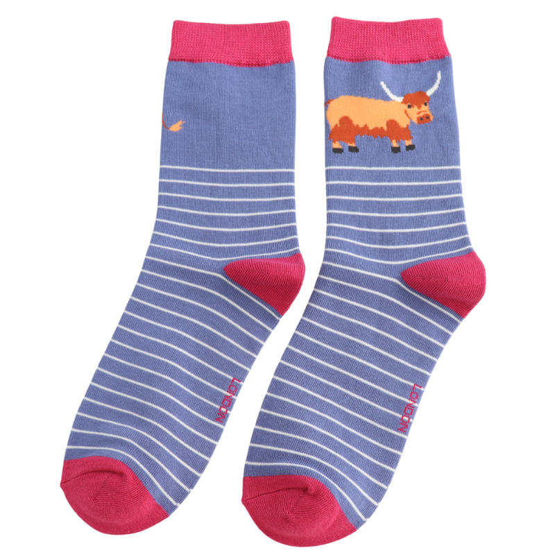 Highland Cow & Stripes Denim Bamboo Socks