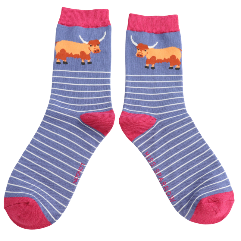 Highland Cow & Stripes Denim Bamboo Socks