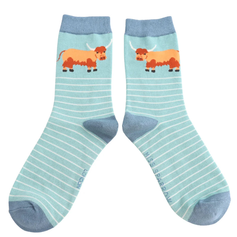 Highland Cow & Stripes Duck Egg Bamboo Socks