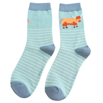 Highland Cow & Stripes Duck Egg Bamboo Socks