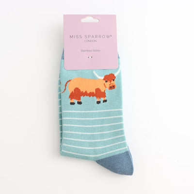 Highland Cow & Stripes Duck Egg Bamboo Socks
