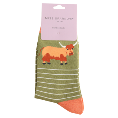 Highland Cow & Stripes Moss Bamboo Socks