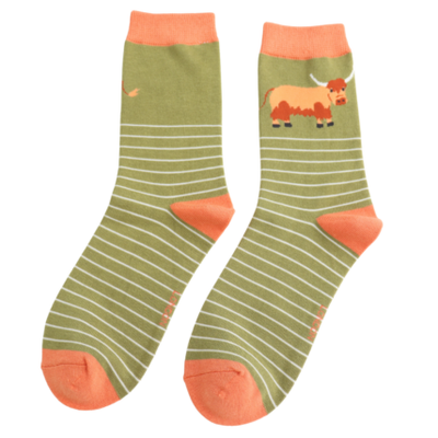 Highland Cow & Stripes Moss Bamboo Socks