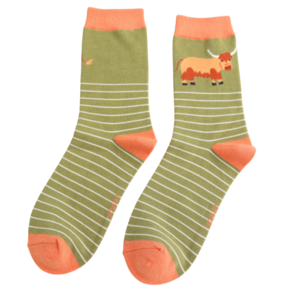 Highland Cow & Stripes Moss Bamboo Socks