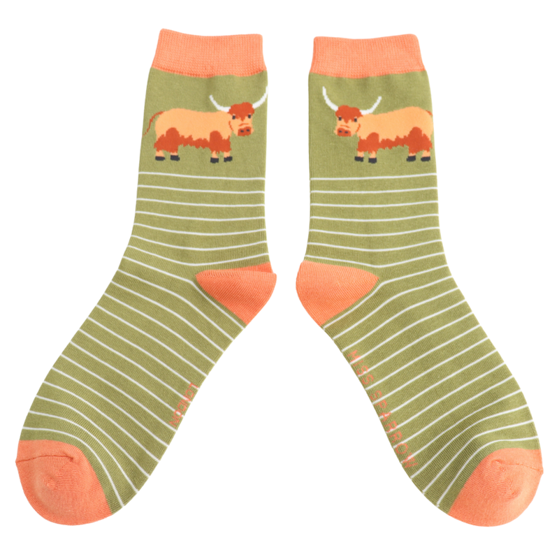 Highland Cow & Stripes Moss Bamboo Socks
