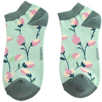 Ditsy Flowers Mint Bamboo Trainer Socks