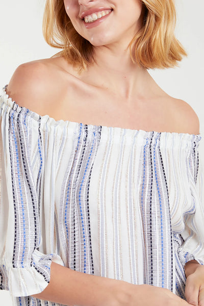 Steph Striped Frill Sleeve Bardot Top - More Sizes Available