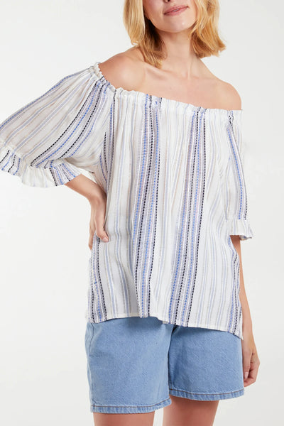 Steph Striped Frill Sleeve Bardot Top - More Sizes Available