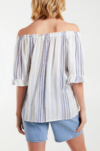 Steph Striped Frill Sleeve Bardot Top - More Sizes Available