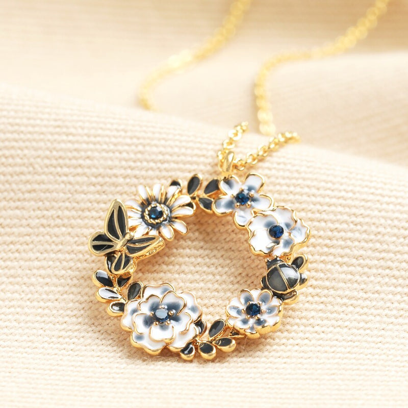 Blue Flower & Bee Circle Gold Necklace