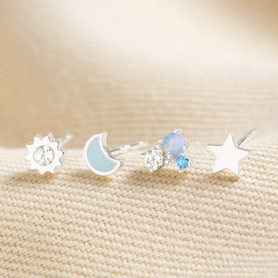 Set Of Four Silver Crystal Celestial Stud Earrings