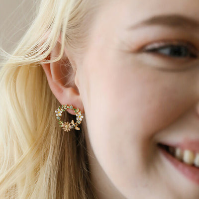 Crystal Flower & Bee Stud Earrings in Gold
