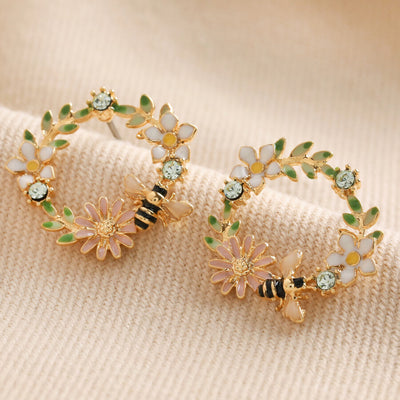 Crystal Flower & Bee Stud Earrings in Gold