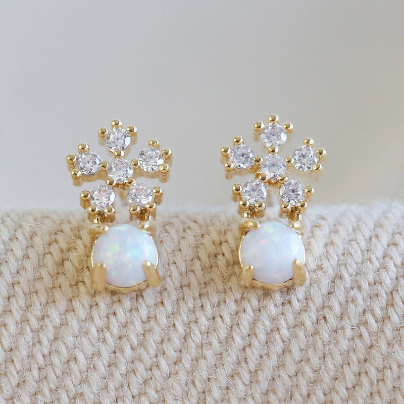 Gold Crystal Snowflake Earrings With Opal