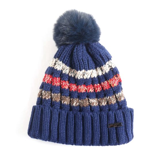 Navy Striped Bobble Hat