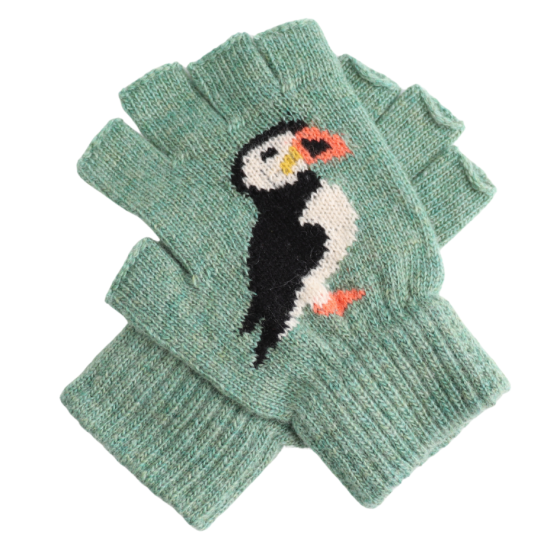Fingerless Puffin Green Gloves
