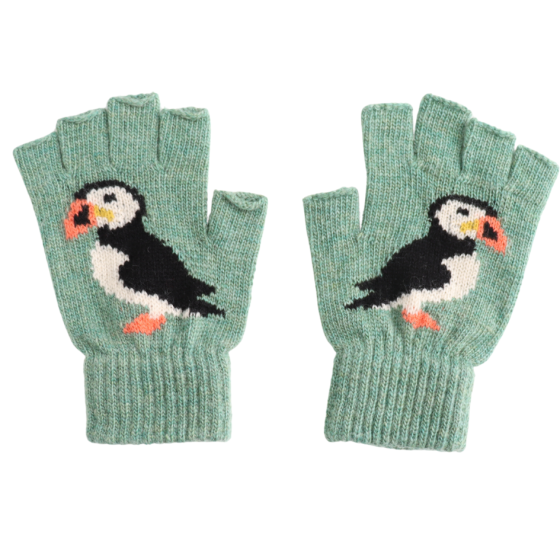 Fingerless Puffin Green Gloves