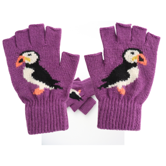 Fingerless Puffin Purple Gloves