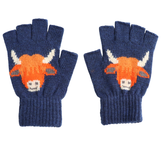Fingerless Highland Cow Navy Gloves
