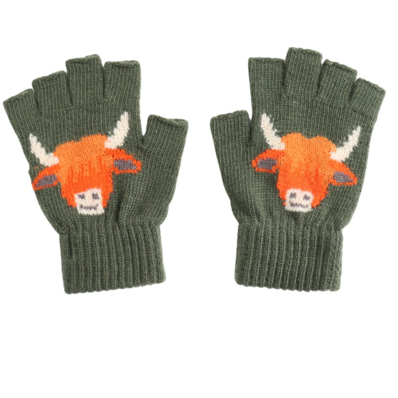 Fingerless Highland Cow Olive Gloves