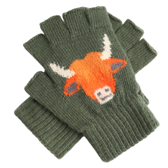 Fingerless Highland Cow Olive Gloves