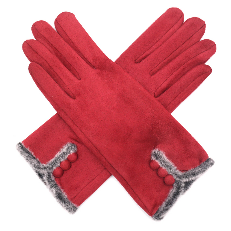 Maroon Three Button Fur Fashion Gloves
