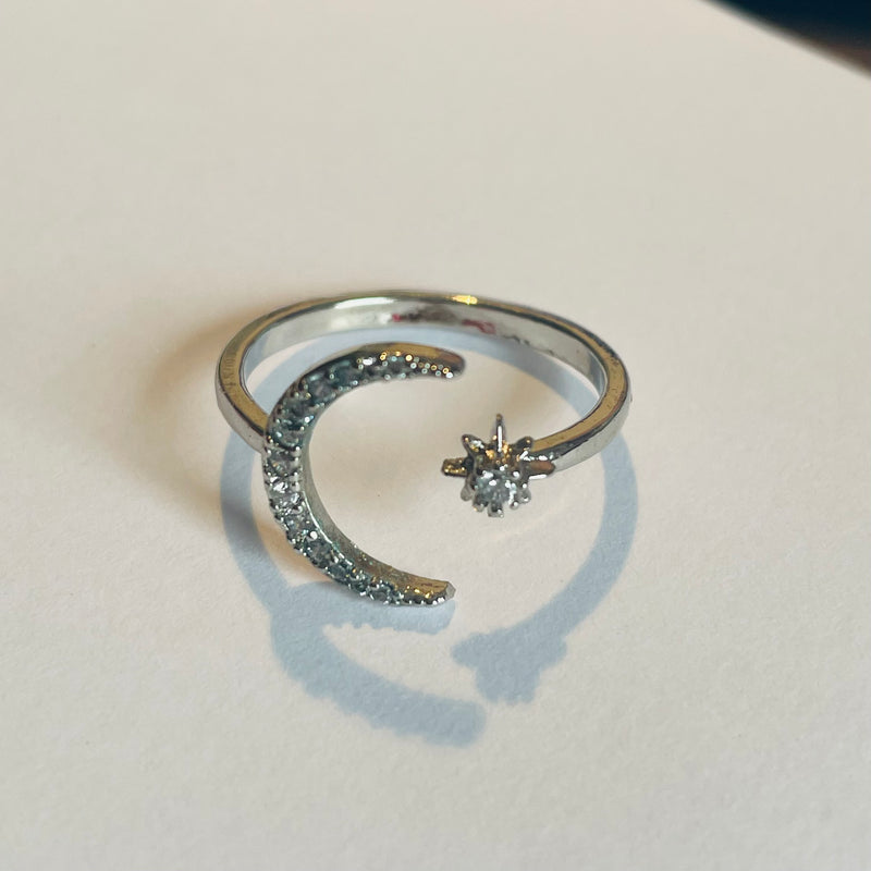 Large Moon & Star Silver Ring