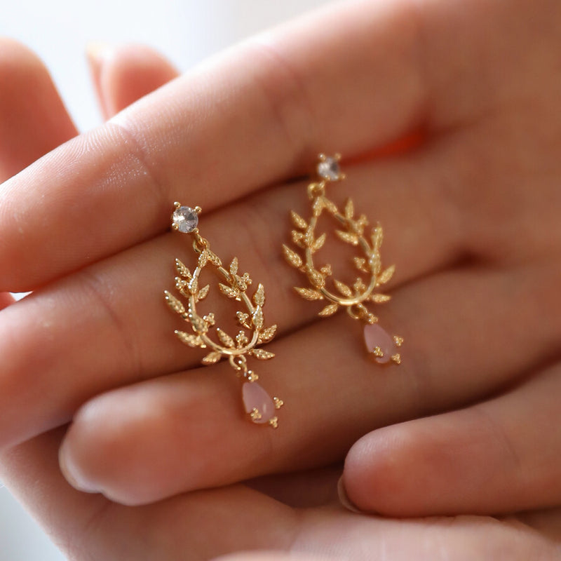 Pink Stone & Crystal Fern Drop Earrings in Gold