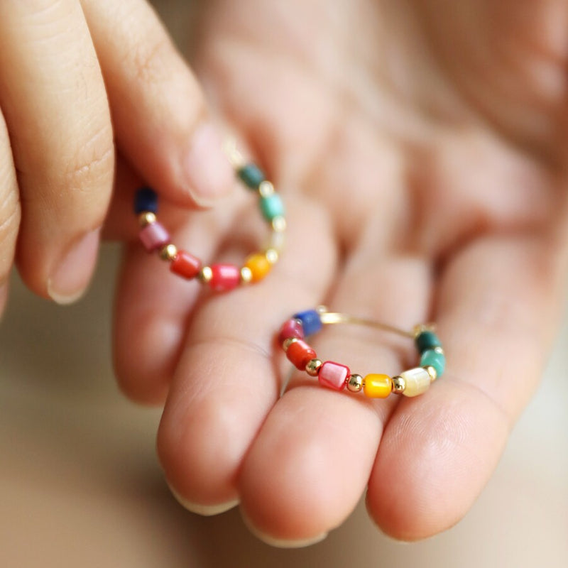 Small Rainbow Beaded Hoop Gold Earrings