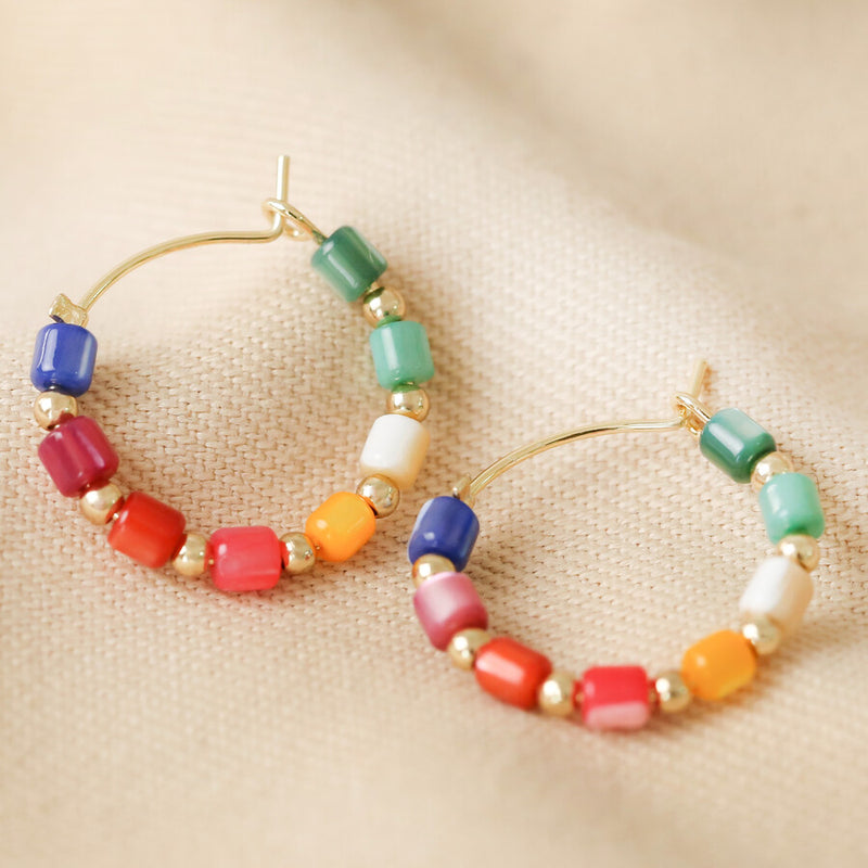 Small Rainbow Beaded Hoop Gold Earrings
