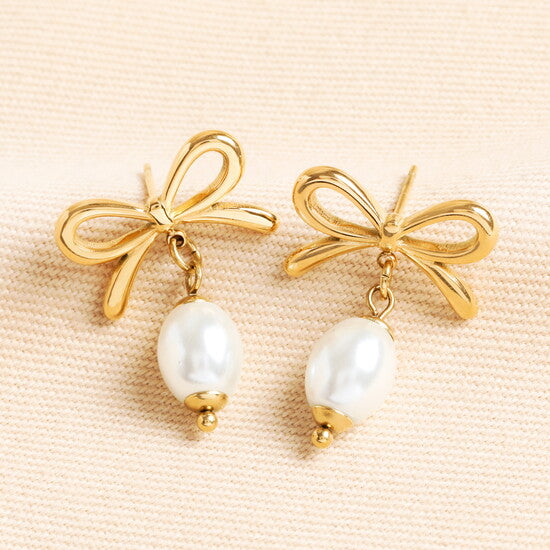 Bow Pearl Drop Earrings in Gold
