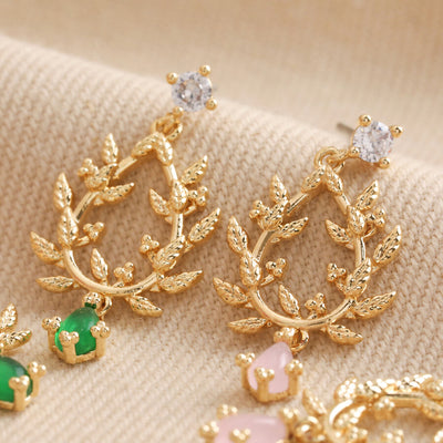 Pink Stone & Crystal Fern Drop Earrings in Gold