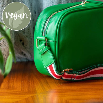 Green Vegan Leather Striped Strap Camera Bag