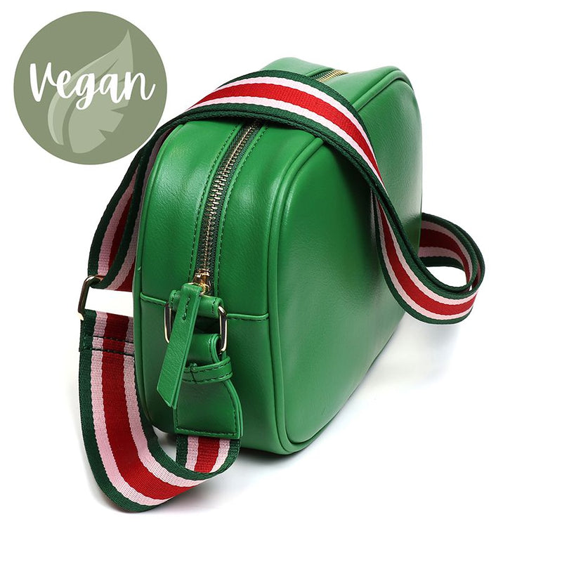 Green Vegan Leather Striped Strap Camera Bag