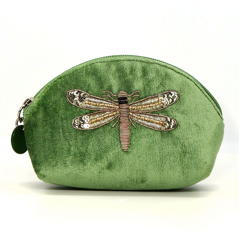 Green Velvet Coin Purse With Embellished Dragonfly