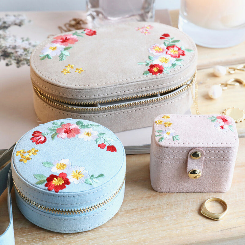 Embroidered Flower Oval Jewellery Box