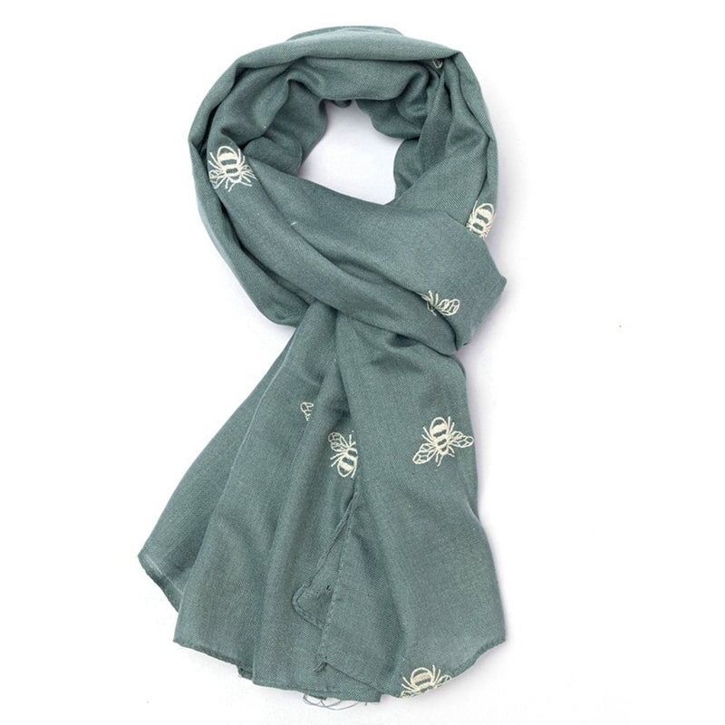 Duck Egg Blue Embroidery Bees Scarf