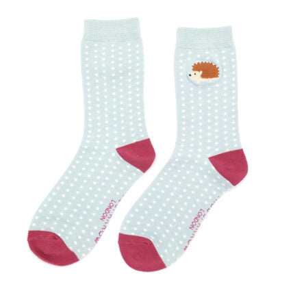 Embroidered Hedgehogs Bamboo Socks Blue