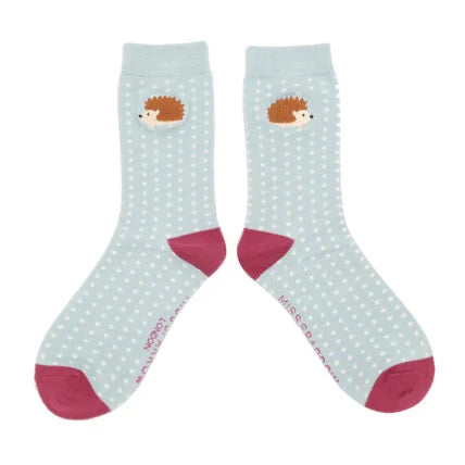 Embroidered Hedgehogs Bamboo Socks Blue