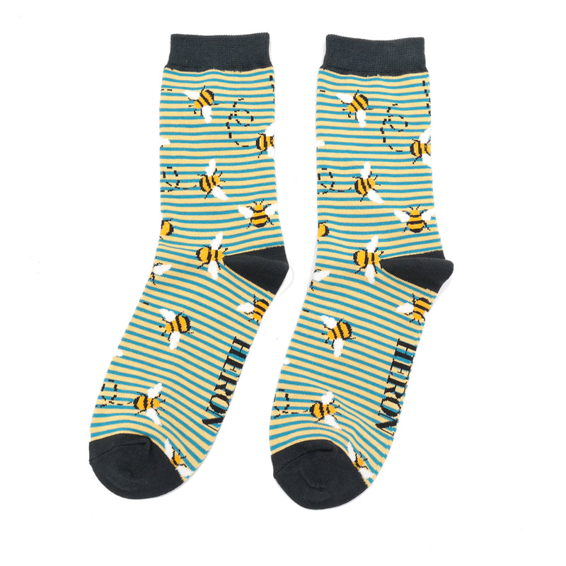 Bees Stripes Yellow & Teal Bamboo Socks