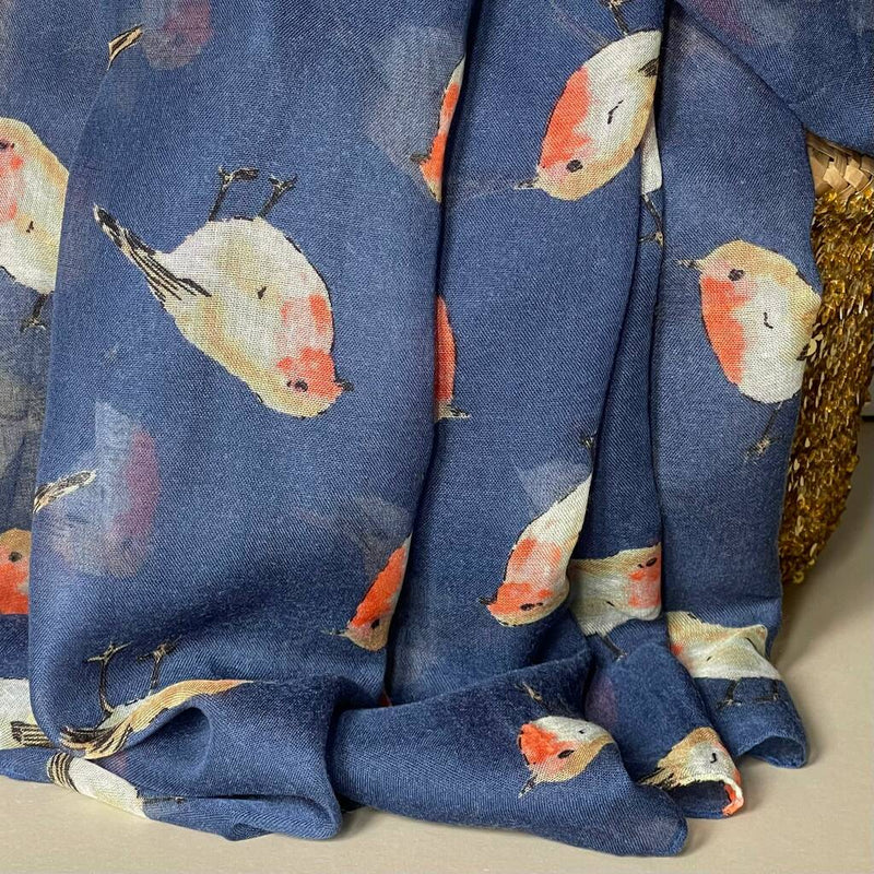 Navy Watercolour Robins Scarf