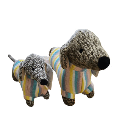 Small Knitted Sausage Dog Rattle In Pastel Jumper