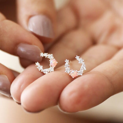 Crystal & Opal Horseshoe Stud Earrings in Silver