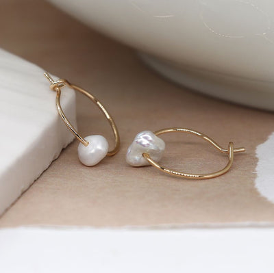 Golden Wire Hoop & Seed Pearl Earrings