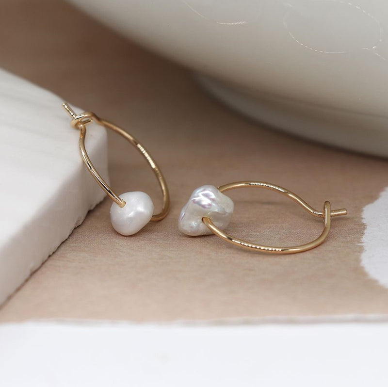 Golden Wire Hoop & Seed Pearl Earrings