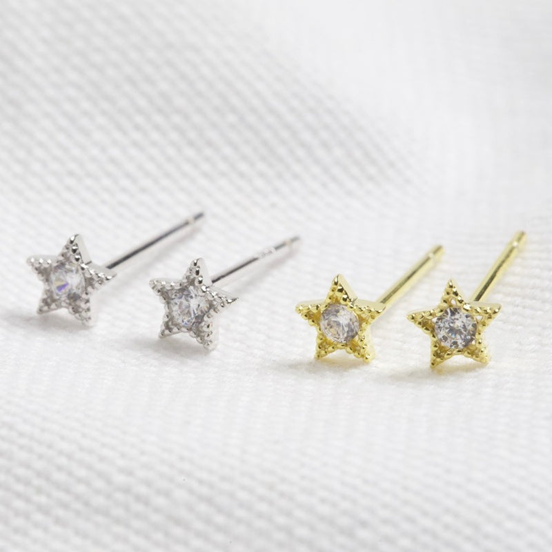 Tiny Gold Sterling Silver Crystal Star Stud Earrings