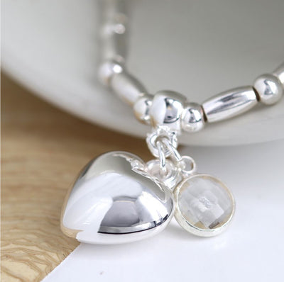 Silver Plated Stretch Bracelet Crystal & Heart Charm